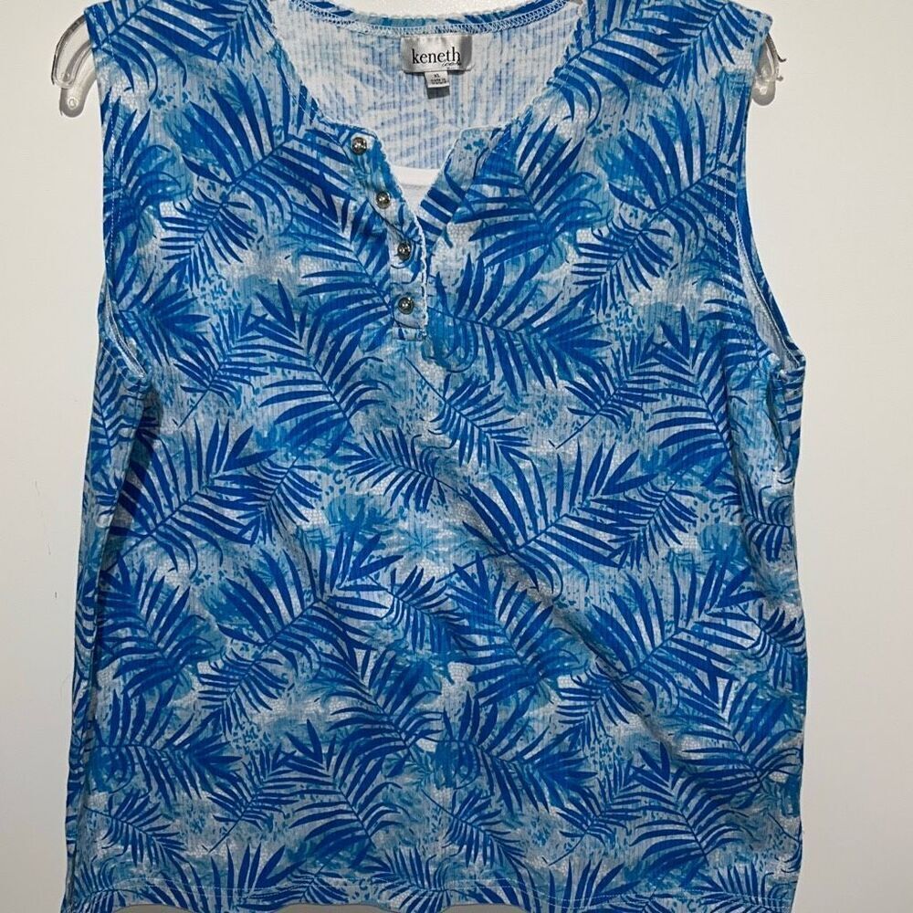 Keneth Too Women's Blue Palm Leaf Cotton Blend Henley Tank Top Size XL‎